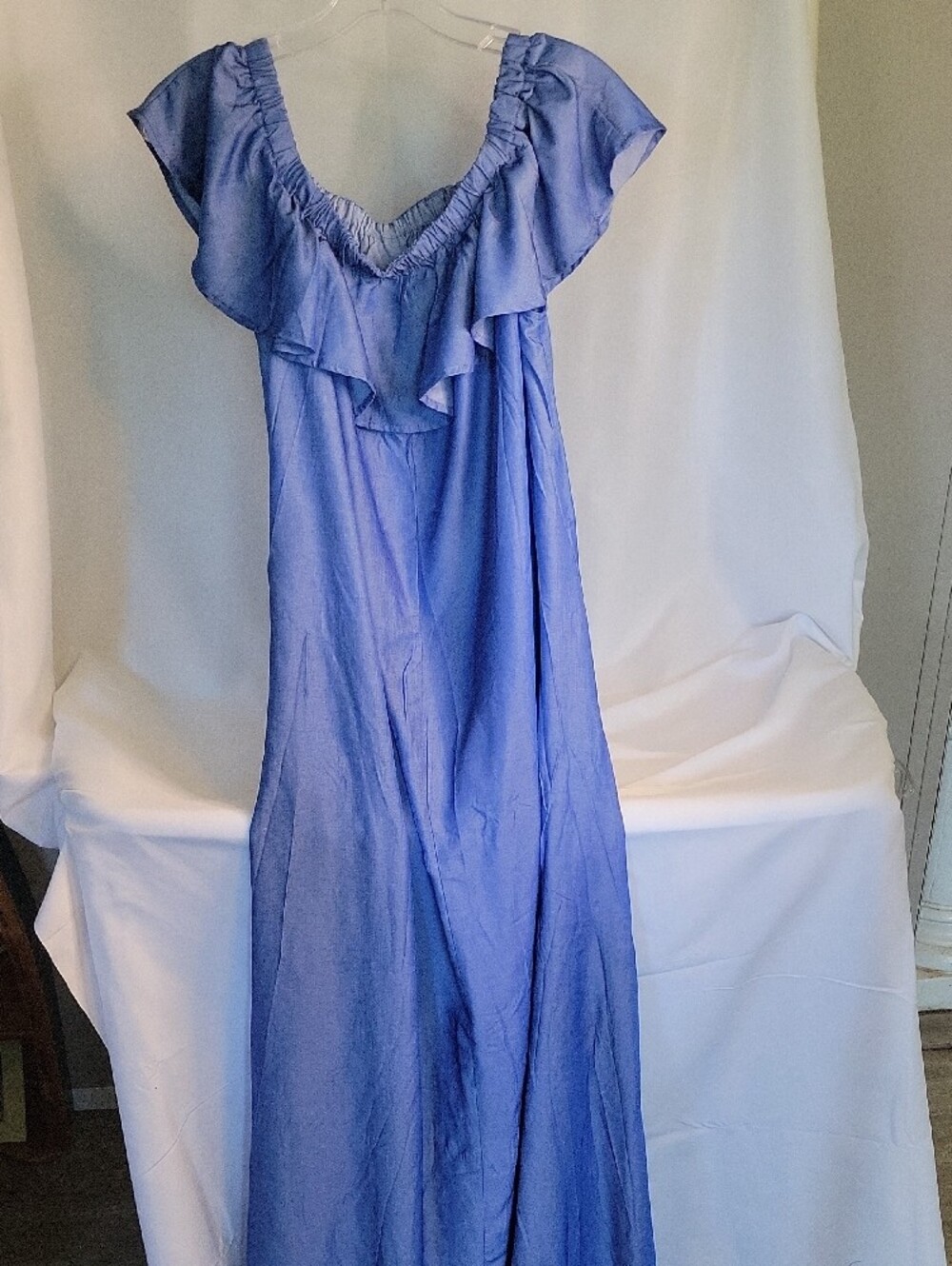 Blue Ruffled Off-Shoulder Maxi Dress - Picture 3 of 5